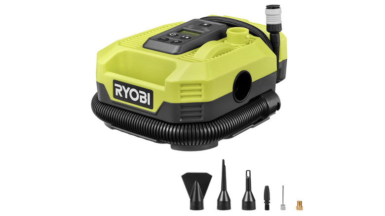 Ryobi's inflator/deflator with accessories and a white background