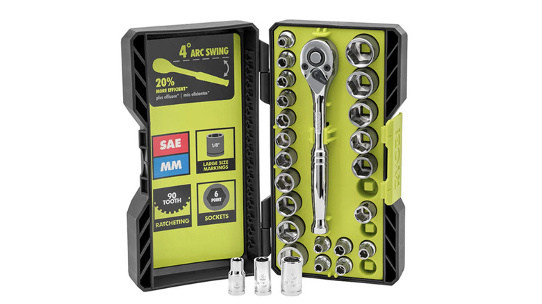 Ryobi ratchet and socket set with a white background