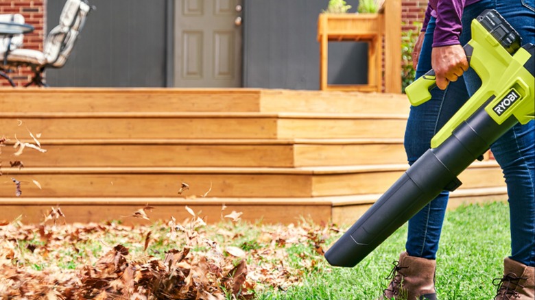 Ryobi 18v blower being used on leaves in backyard