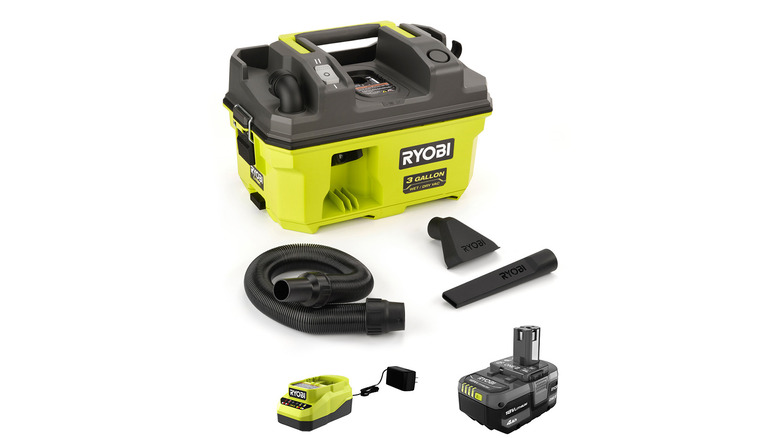 Ryobi 18v shop vac kit on white background