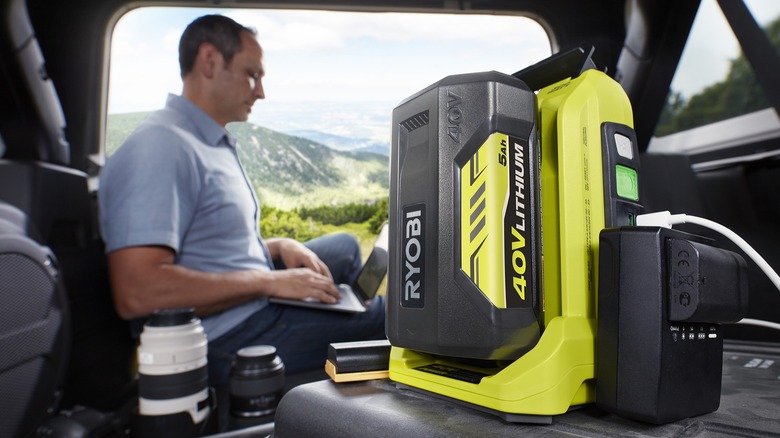 Ryobi 40v power source with Ryobi battery in vehicle