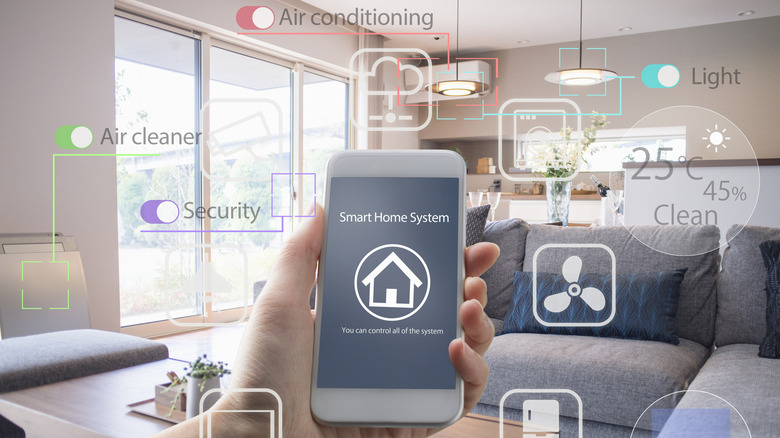 smartphone running smart home system with graphics overlay