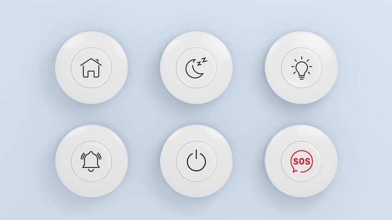 Six Sonoff SNZB-01 wireless smart switches on a light blue background, illustrations on the buttons indicate their possible uses.