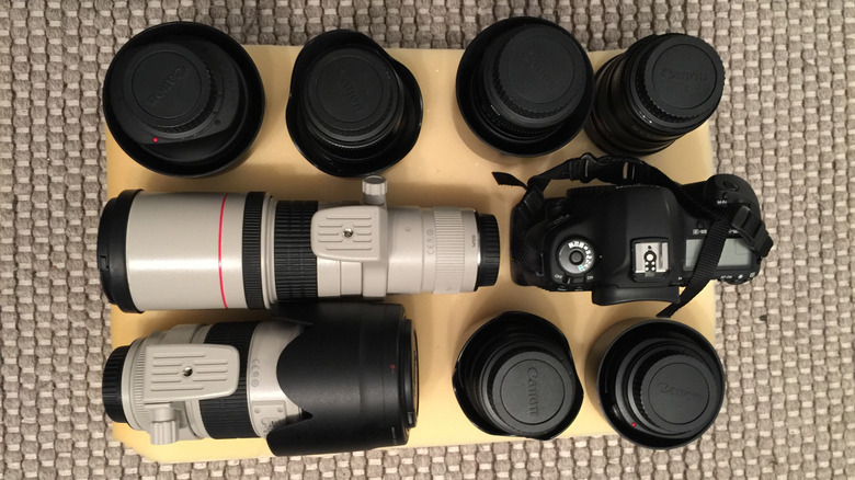 Canon camera with several lenses