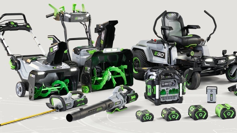 A selection of some EGO tools including snow, lawn, and battery equipment