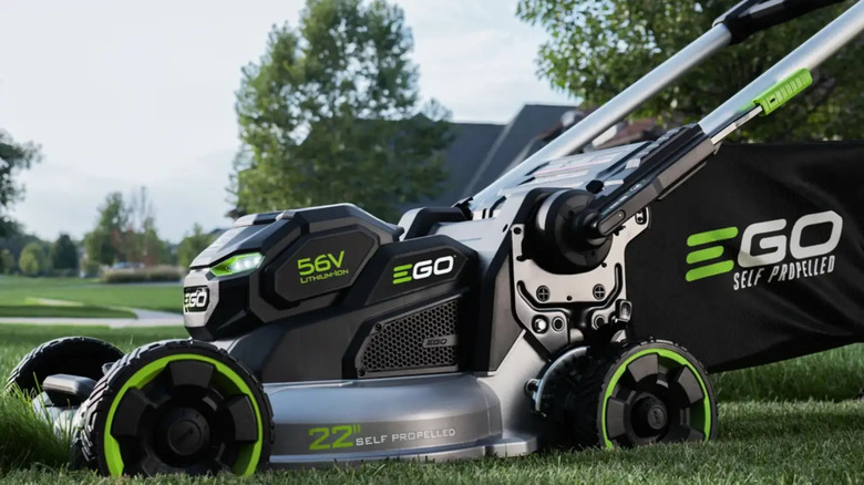 An Ego 56V self-propelled push mower cutting grass