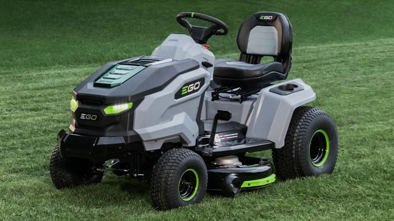 An EGO lawn tractor on freshly cut grass