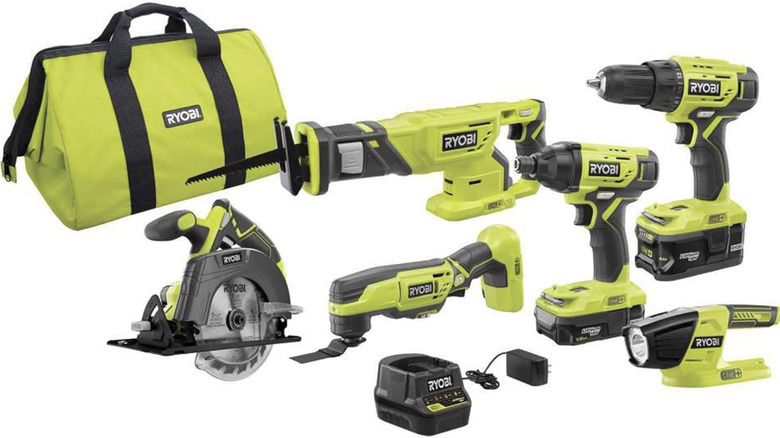 Ryobi tool kit with a display of tools included