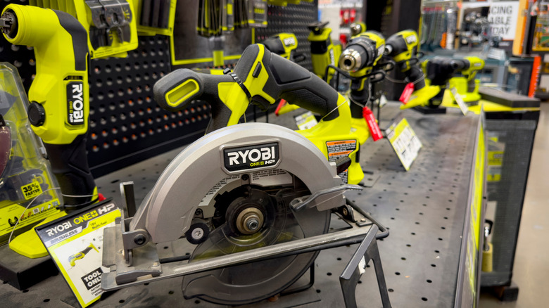 Ryobi tools on a store shelf