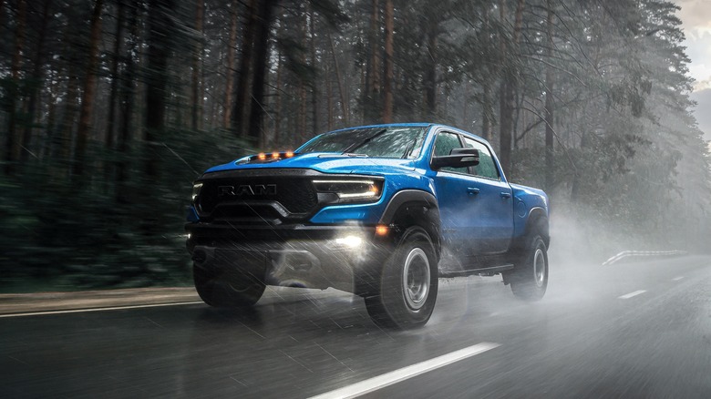 Ram truck in rainstorm