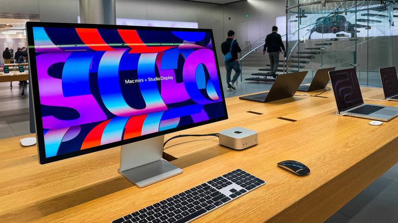 Apple Mac Mini connected to Apple Studio Display at an Apple store