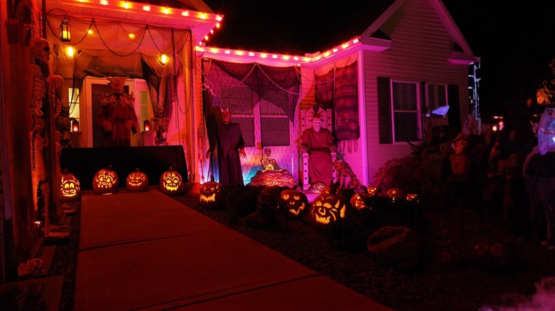 Lit up Halloween decor outside