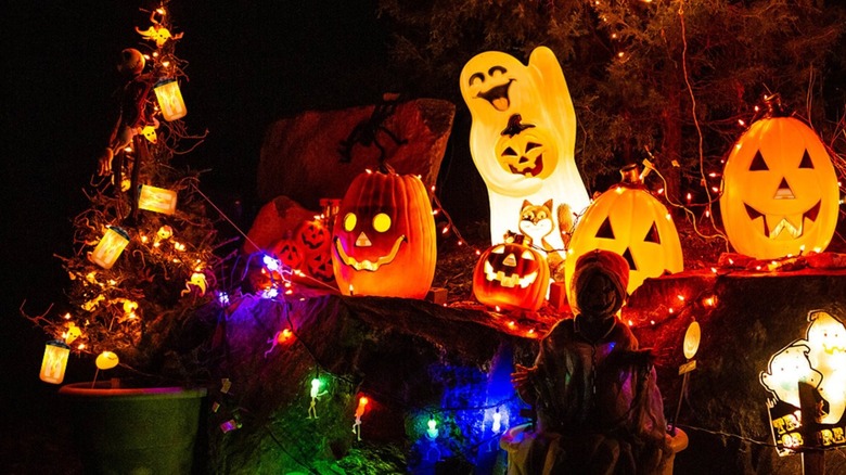 Lit up Halloween decor outside