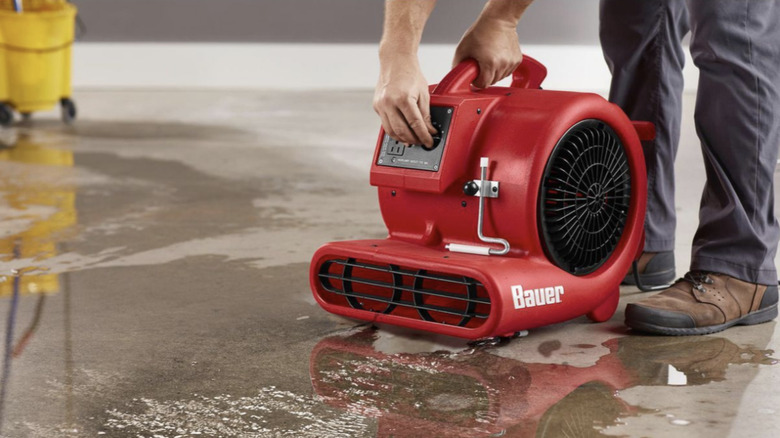 Bauer floor blower drying a wet floor