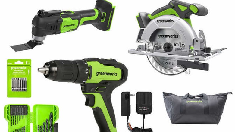 Greenworks tools next to accessories