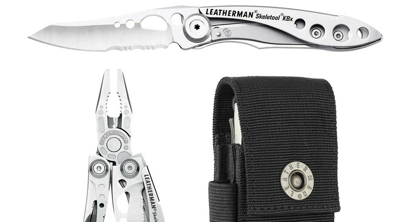 knife, multi-tool, and pouch on white background