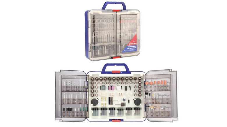 Workpro 476-piece Rotary Tool Accessories Kit open and closed