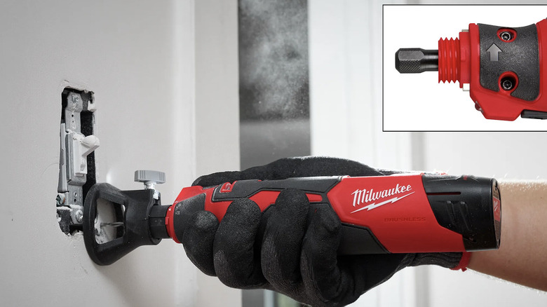 Milwaukee M12 Rotary Tool in use and close-up of tool head