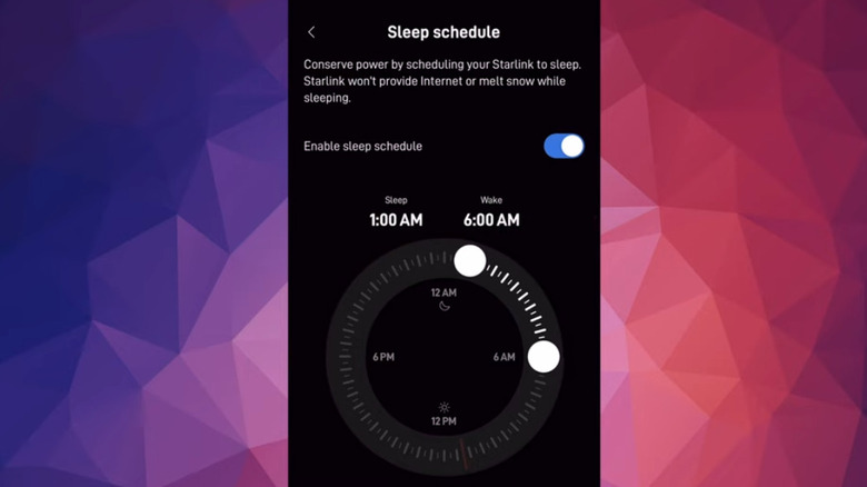 Starlink app showing Sleep schedule timer