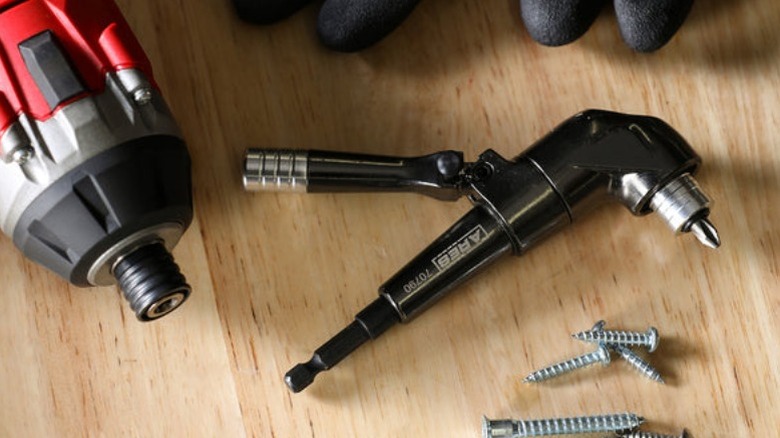 Ares right angle drill adaptor on workbench