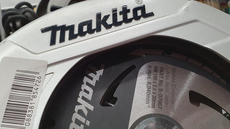 A Makita circular saw zoomed close up