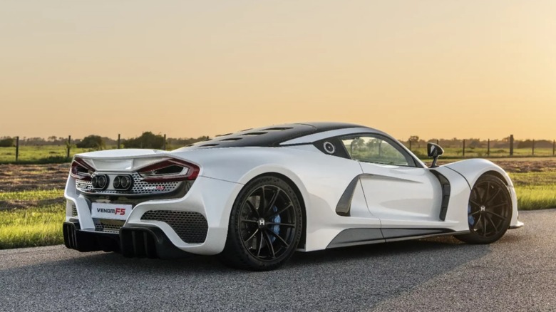 A white-gray hennessey venom f5 from behind