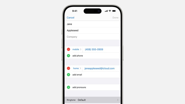 Edit contact page on an iPhone