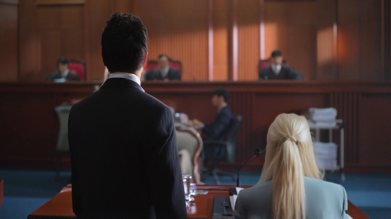 Backview of a lawyer speaking in a courtroom