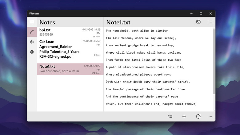 Filesnotes app with sample text