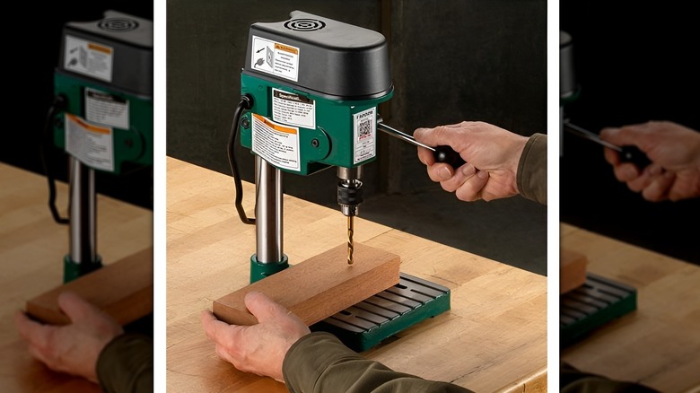 Man using Grizzly Industrial 8-3/4-inch Variable-Speed Mini Benchtop Drill Press