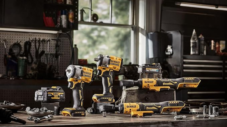 DeWalt tool sitting on a work bench in a shop