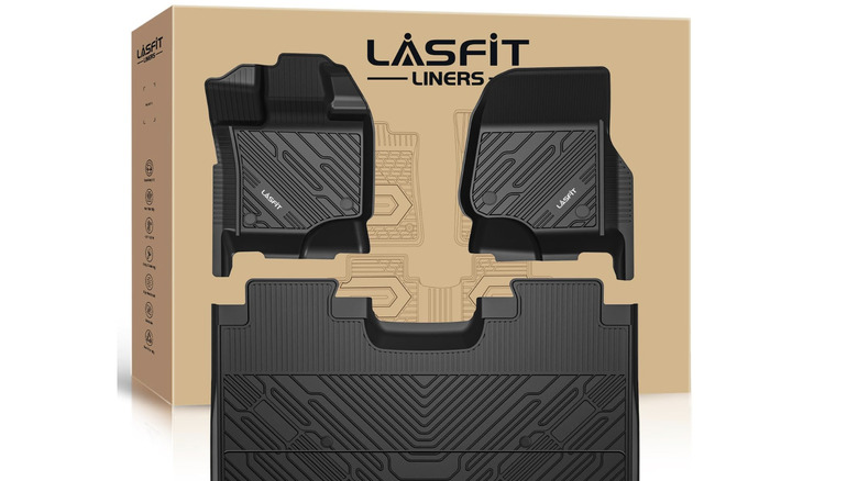 Lasfit three-piece floor mat set shown with box