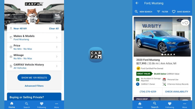 Screenshots of CARFAX app