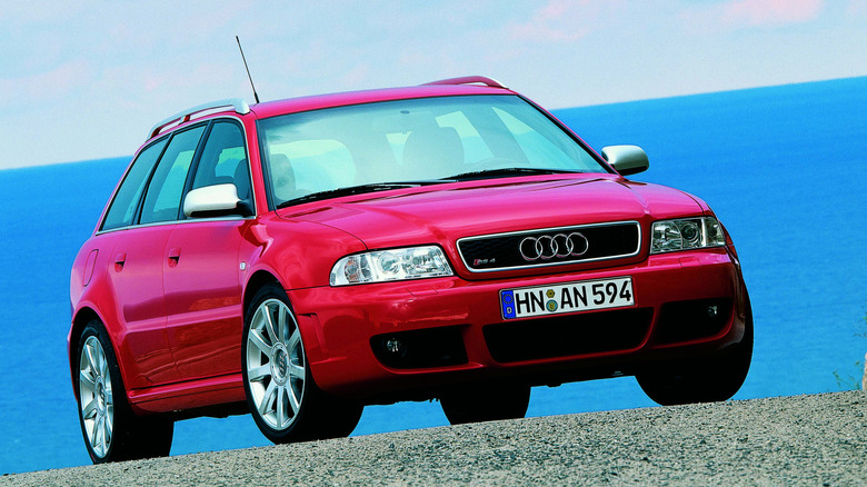 The B5 Audi RS4 in red, front 3/4 view