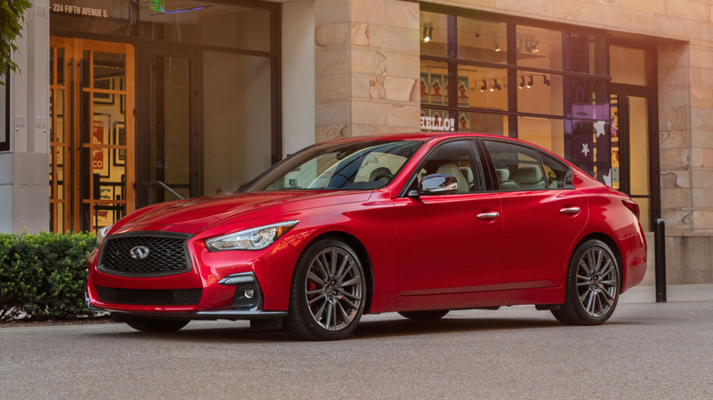 The Infiniti Q50 Red Sport 400 in red, front 3/4 view