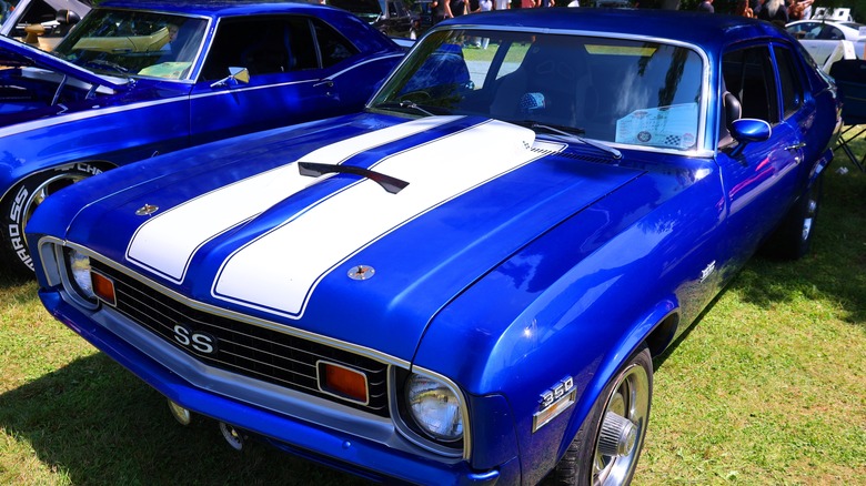 A blue Chevy nova parked in the grass. 