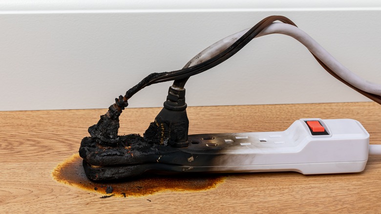 Burnt surge protector connected to an extension cord.