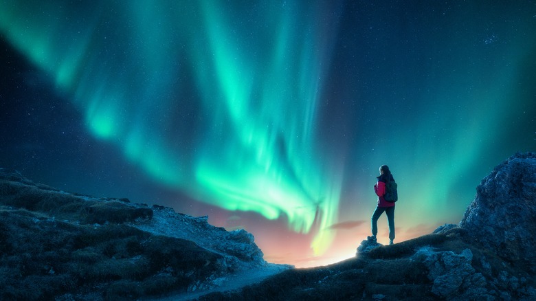 A person stands under the northern lights