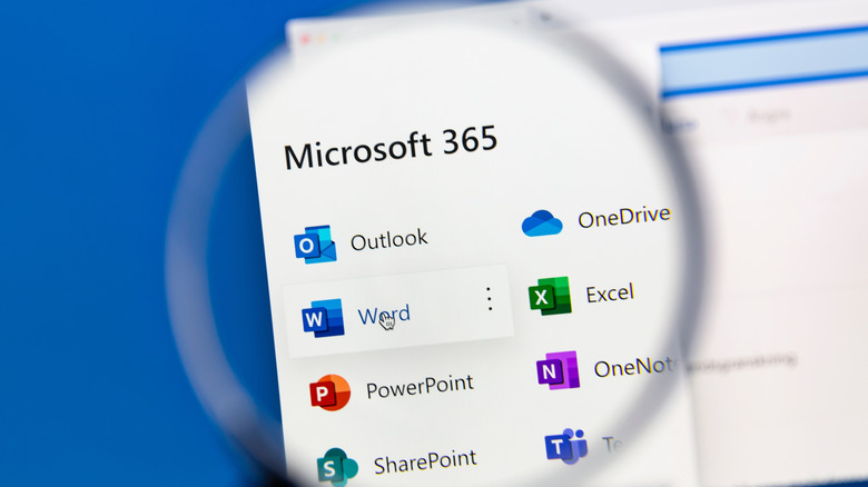 Microsoft 365 apps shown with magnifying glass