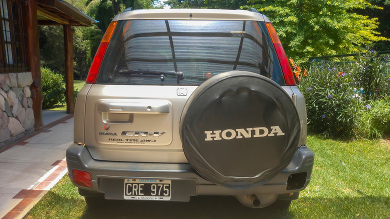 An older-generation Honda CR-V photographed from the back.