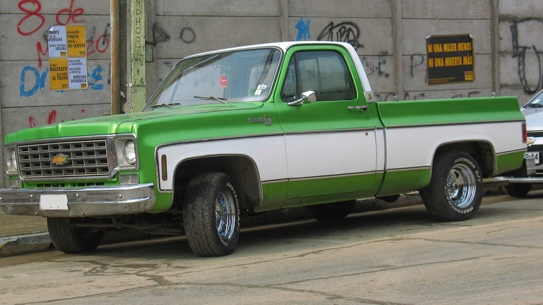 Green and white Chevy 1974 pickup