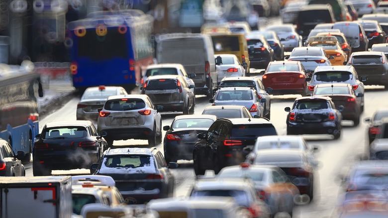 Cars on a jam-packed highway.