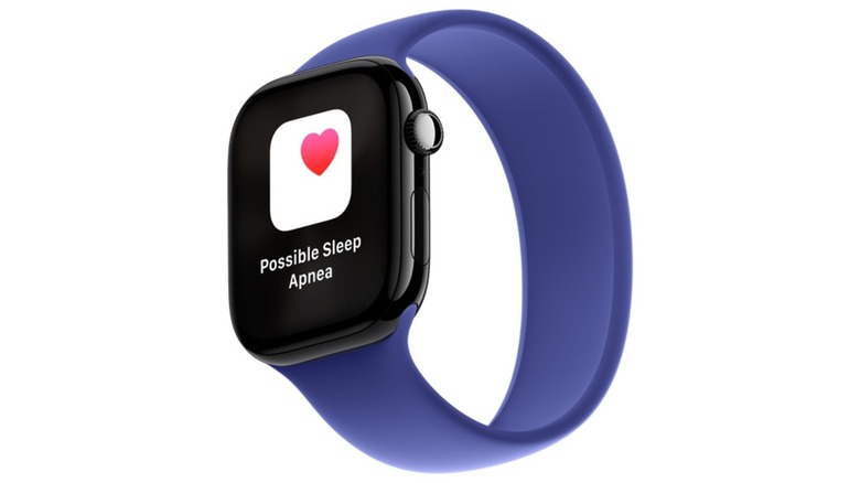 Smartwatch with a blue wristband displaying a sleep apnea alert