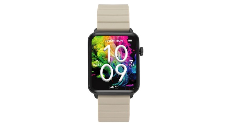 Black smartwatch with a tan wristband