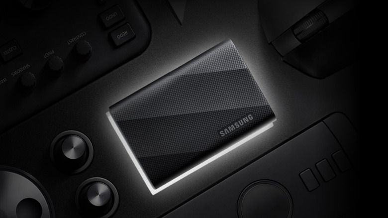 The Samsung T9 portable SSD stylized