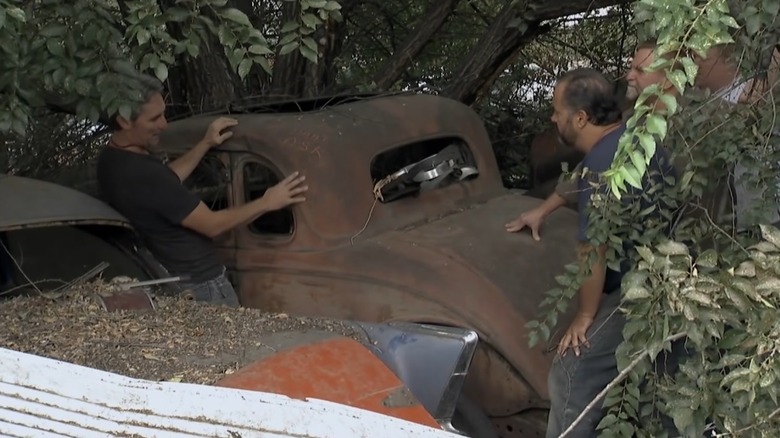 1933 Ford 5-window coupe with a tree growing up around it from an episode of American Pickers.