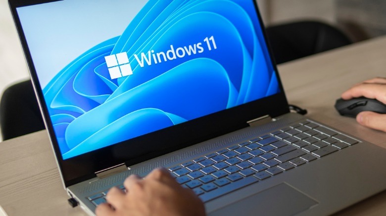 Hand seen using a laptop with Windows 11 logo displayed