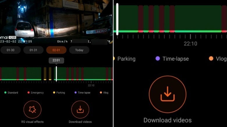 70mai Dash Cam Omni app interface screenshot collage