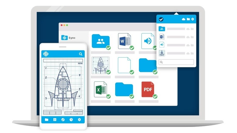 Illustration of Sync cloud service app on iPhone and MacBook.