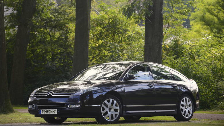 A dark purple Citroen C6 in the woods, front 3/4 view